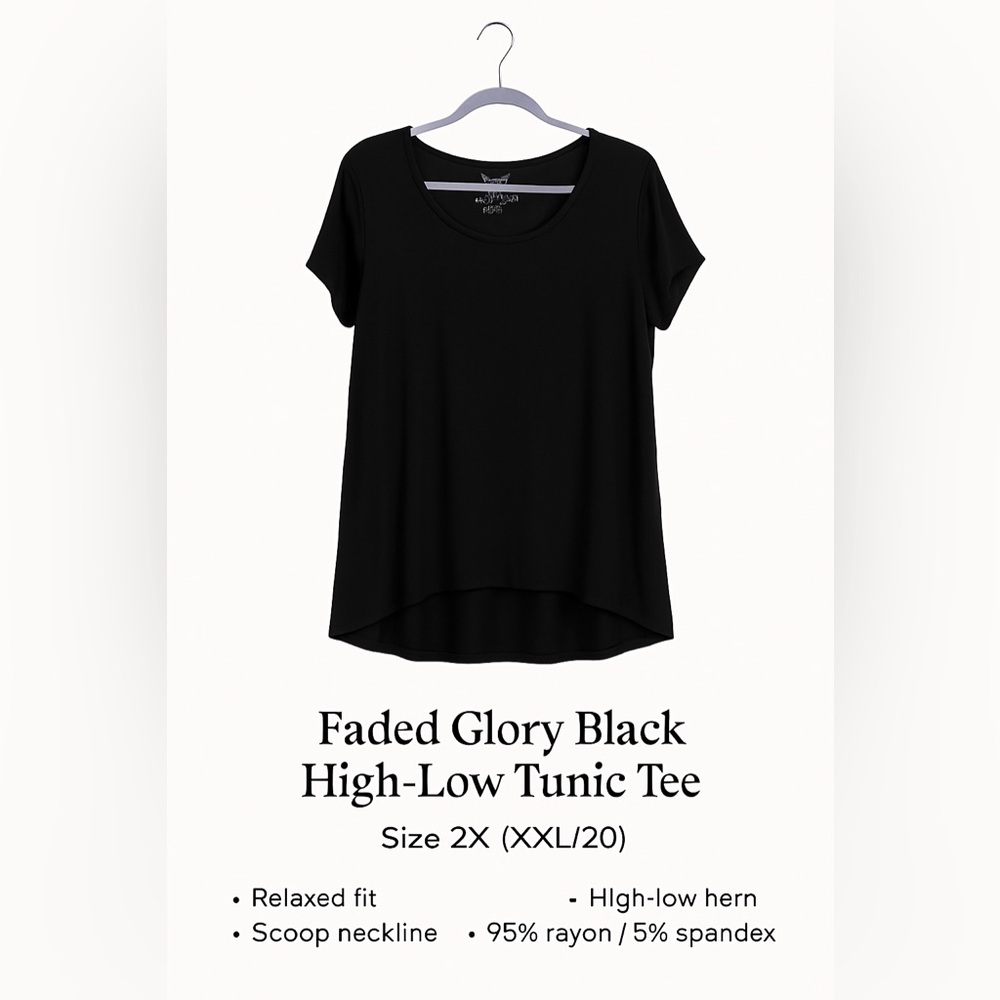 Faded Glory Black High-Low Tunic Tee | Size 2X (XXL/20)